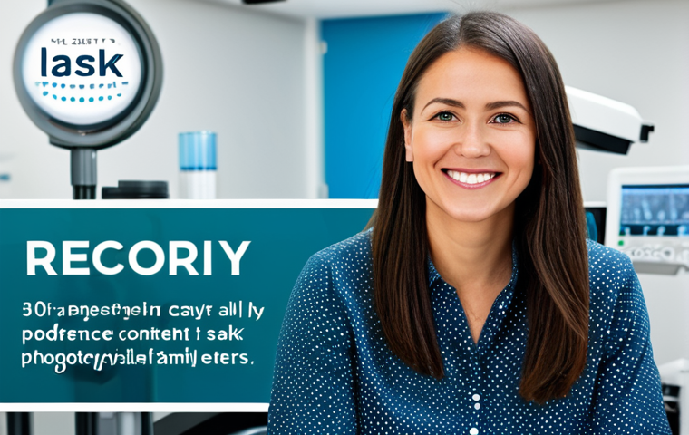 **
A smiling woman in her 30s, fully clothed in modest casual wear, looking directly at the viewer. Background: a modern eye clinic with blurred equipment. Text overlay: "LASIK: Fast Recovery". Safe for work, appropriate content, perfect anatomy, natural proportions, professional, family-friendly.
**