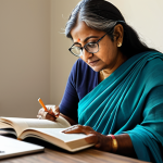 **

"A middle-aged Indian woman, fully clothed in a modest saree, sits at a desk in a well-lit home office, reading a book.  She wears glasses.  Soft, natural lighting. Safe for work, appropriate content, professional, modest, family-friendly. Perfect anatomy, correct proportions, natural pose, well-formed hands, proper finger count, natural body proportions."

**