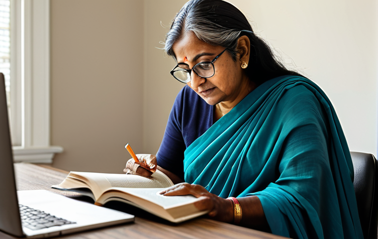 **
"A middle-aged Indian woman, fully clothed in a modest saree, sits at a desk in a well-lit home office, reading a book. She wears glasses. Soft, natural lighting. Safe for work, appropriate content, professional, modest, family-friendly. Perfect anatomy, correct proportions, natural pose, well-formed hands, proper finger count, natural body proportions."
**