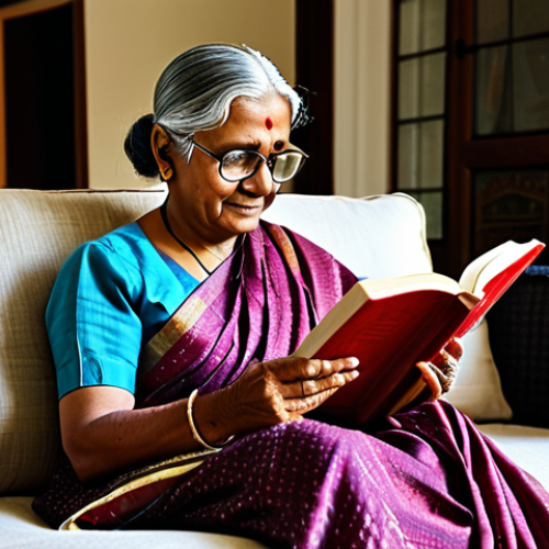**

"A kind-looking elderly woman with glasses, fully clothed in a traditional Indian sari, sitting comfortably in her well-lit living room, reading a book. Soft, natural light. Safe for work, appropriate content, family-friendly, modest attire, perfect anatomy, natural pose, professional photography, high quality."

**