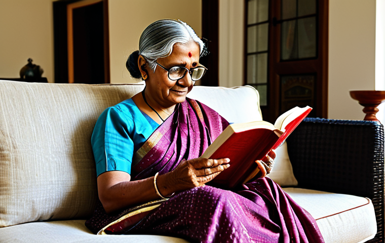**
"A kind-looking elderly woman with glasses, fully clothed in a traditional Indian sari, sitting comfortably in her well-lit living room, reading a book. Soft, natural light. Safe for work, appropriate content, family-friendly, modest attire, perfect anatomy, natural pose, professional photography, high quality."
**