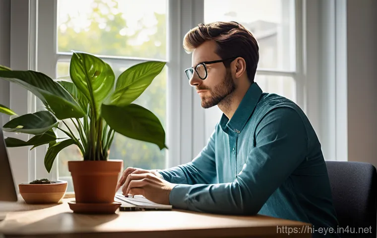 안구건조증 예방 습관 - **Prompt 1: Digital Eye Strain Prevention at a Modern Workspace**
"A young adult, dressed in cas...