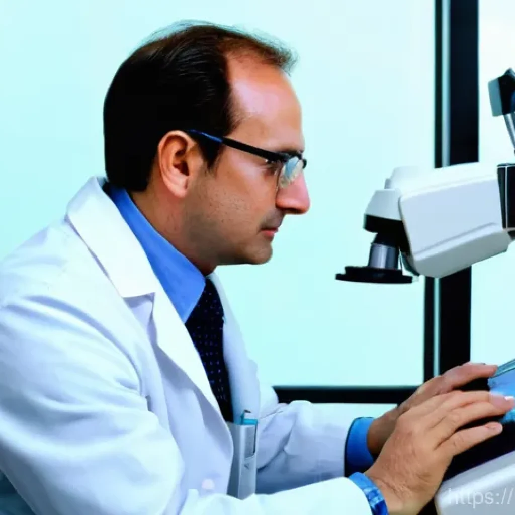 눈 안압 검사 과정 - **Prompt 1: The Vital Eye Pressure Check-up**
    A clear, medium shot of an adult patient, approxim...
