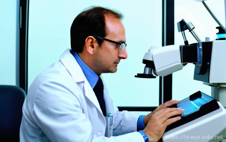 눈 안압 검사 과정 - **Prompt 1: The Vital Eye Pressure Check-up**
A clear, medium shot of an adult patient, approxim...