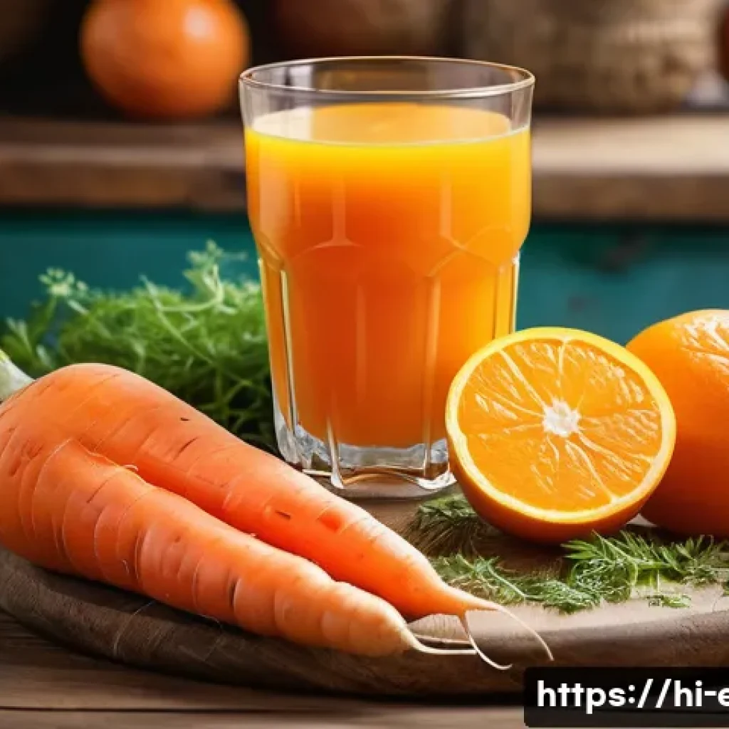 눈 피로 개선 음료 - A vibrant and refreshing glass of carrot and orange juice placed on a rustic wooden table, surrounde...