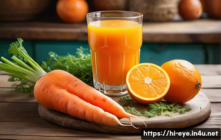 눈 피로 개선 음료 - A vibrant and refreshing glass of carrot and orange juice placed on a rustic wooden table, surrounde...