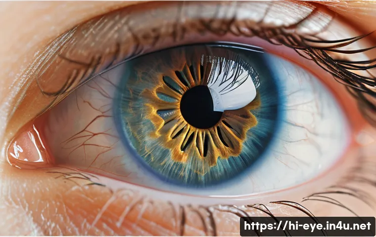 안과 각막이식 수술 - A detailed, close-up medical illustration of a healthy human eye’s cornea under magnification, showi...