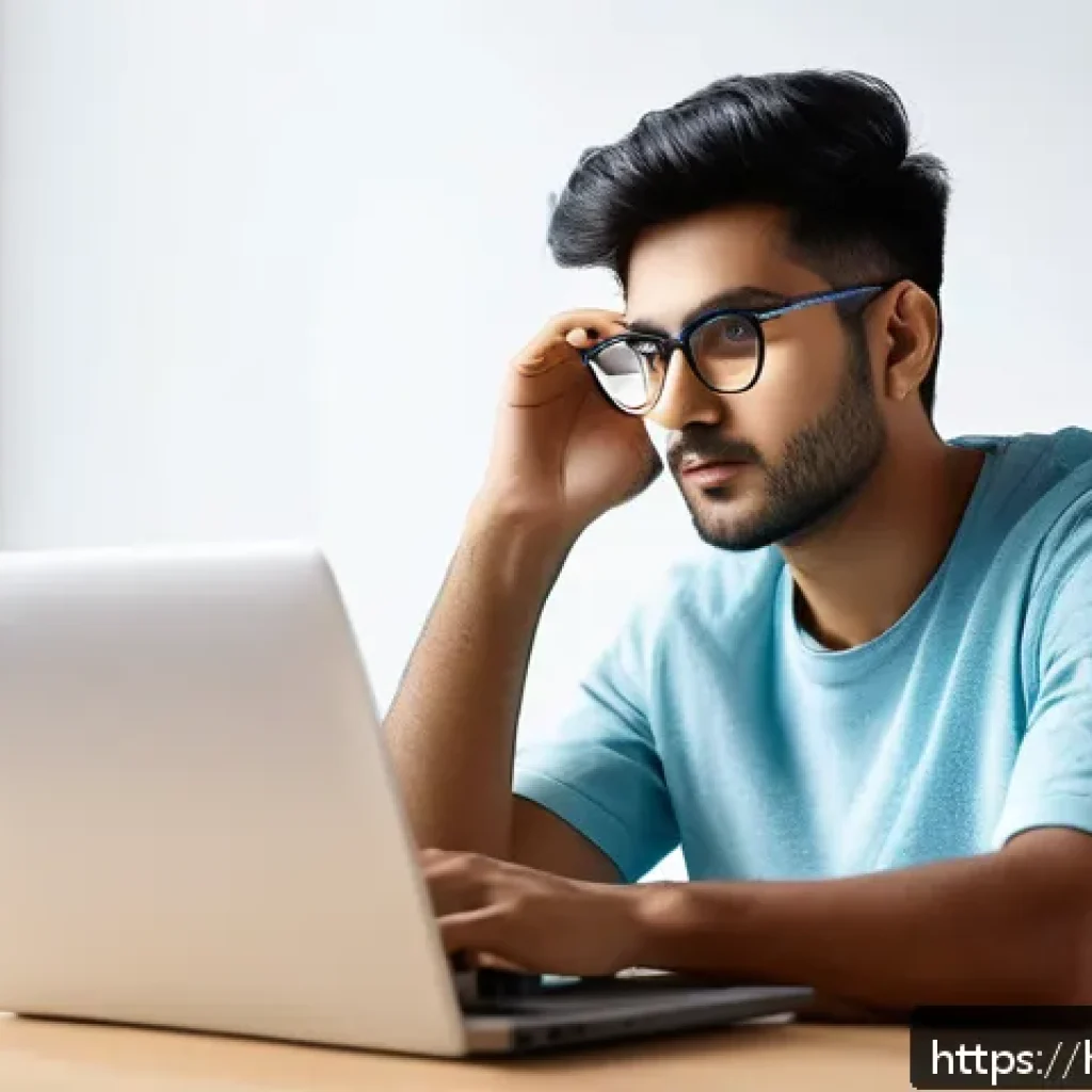 눈 건강 체크리스트 - A young Indian man sitting at a modern desk with a laptop, practicing the 20-20-20 eye care rule by ...
