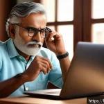 눈 성형과 시력교정 차이 - A detailed, realistic scene of a middle-aged Indian man wearing stylish eyeglasses, sitting comforta...