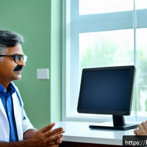 백내장 수술 후기 사례 - A compassionate middle-aged Indian man sitting in a bright, modern ophthalmology clinic, nervously c...