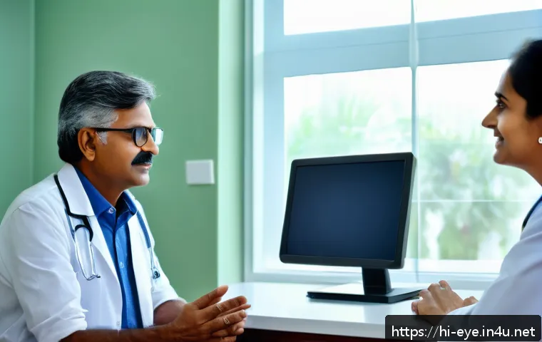 백내장 수술 후기 사례 - A compassionate middle-aged Indian man sitting in a bright, modern ophthalmology clinic, nervously c...