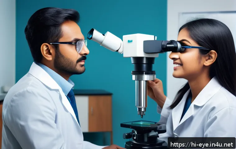 눈 건강 검진 가이드 - A detailed, realistic image of an ophthalmologist performing a comprehensive eye examination on a yo...