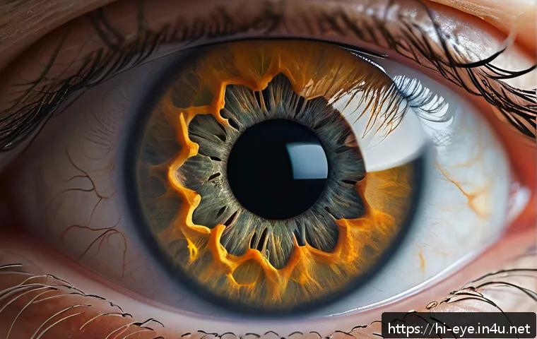 망막박리 수술 과정 - A detailed medical illustration of a human eye showing macular retina detachment symptoms, including...