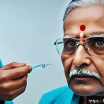 황반변성 최신 약물 - A detailed medical illustration of an elderly Indian patient receiving an Anti-VEGF injection in the...