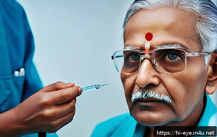 황반변성 최신 약물 - A detailed medical illustration of an elderly Indian patient receiving an Anti-VEGF injection in the...