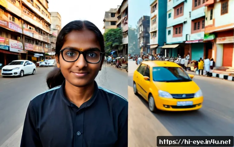 Home 17 근시와 난시 차이 - Photorealistic split-screen comparison of the same bright Indian neighborhood street viewed through ...